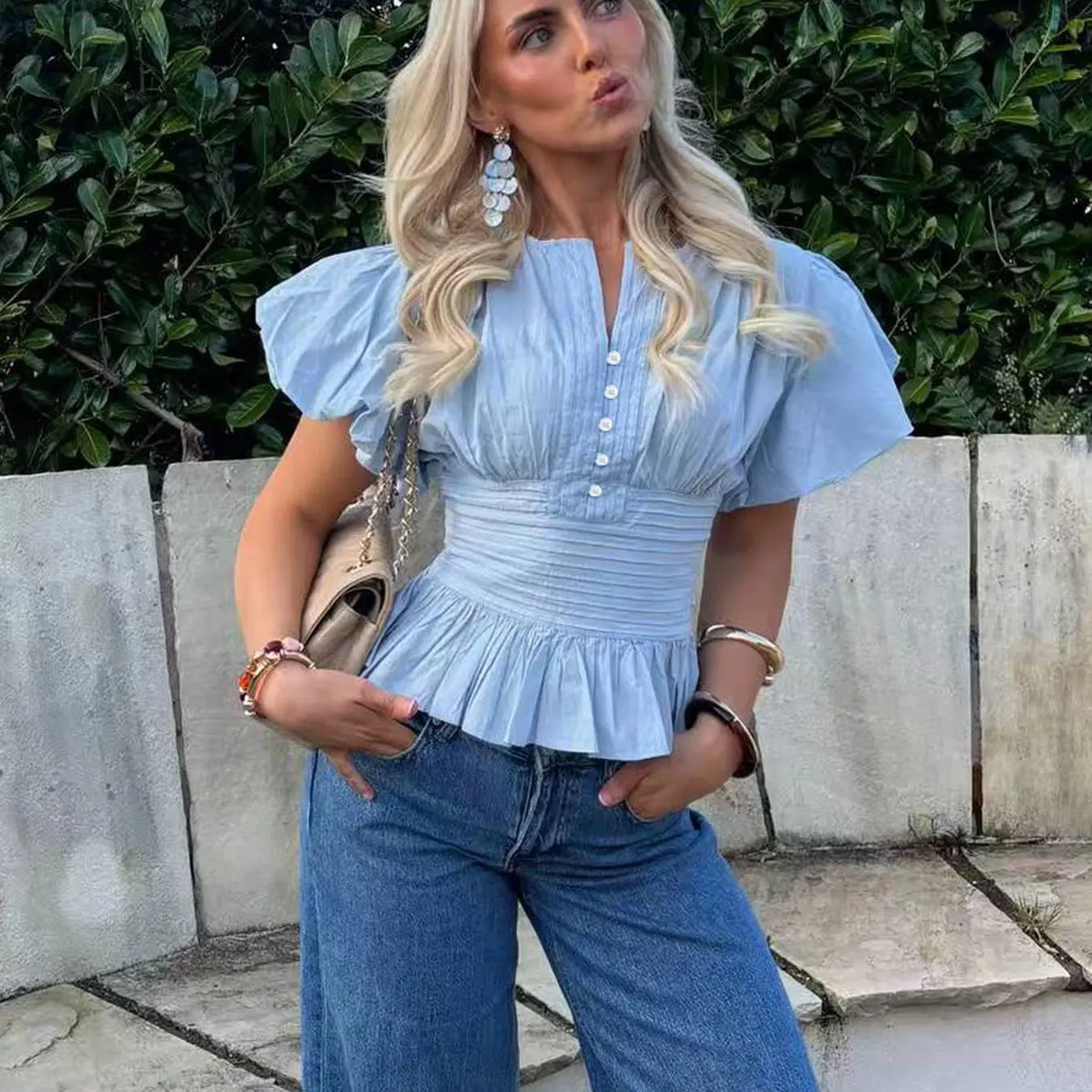 Women's Light Blue Puff Sleeve Peplum Blouse, Front Button Detail, Pleated Chest, Elastic Waist, Ruffled Hem, Soft Breathable Fabric, Coquette Aesthetic, Casual Elegant Ruffle, Slim Fit for Casual Daily Wear and Office, Casual Shirts, Button Closure Top