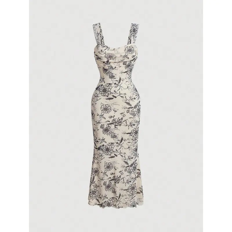 HYZ Women's Summer Floral Print Square Neck Mesh Sleeveless Bodycon Midi Party Dress