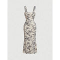 HYZ Women's Summer Floral Print Square Neck Mesh Sleeveless Bodycon Midi Party Dress