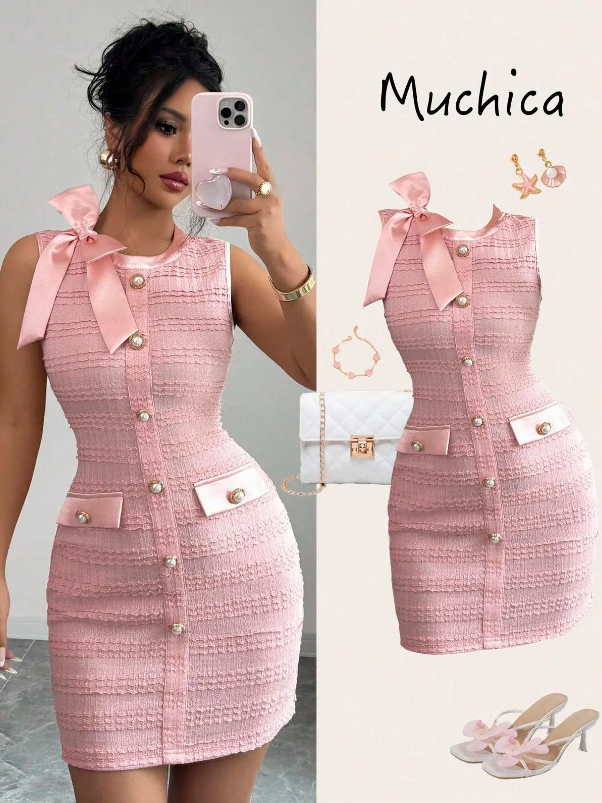 Women's Elegant Chic Formal Sleeveless Bodycon Short Dress, Satin Bow Decor, Pearl Metal Buckle, Perfect for Date, Romantic Occasions, Party, Womenswear