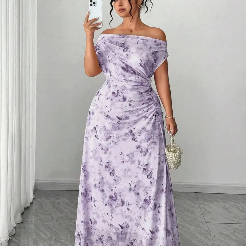 ZENIE Plus Size Elegant Date Night Off Shoulder Cinched Waist Floral A Line Maxi Dress Party Outfit