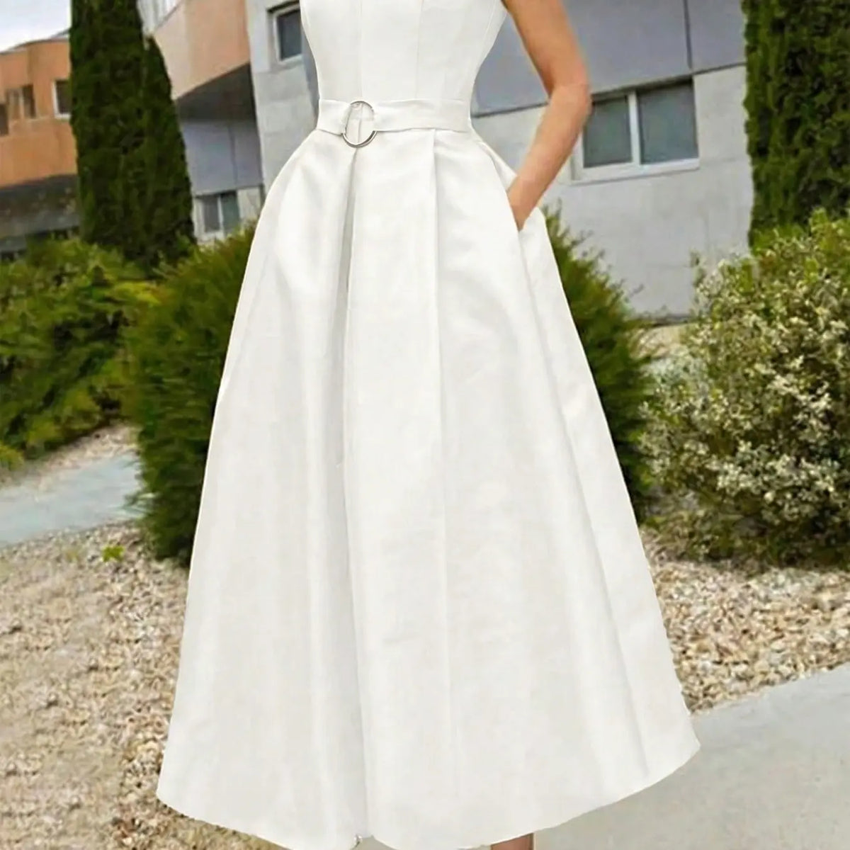 Elegant Chic Women's Party Dress Formal Wear, Solid Tie-Waist A-Line Skirt, Spring Summer New, Sleeveless V-Neck Commuter Dress for Urban Style, Elegant Minimalist Dress