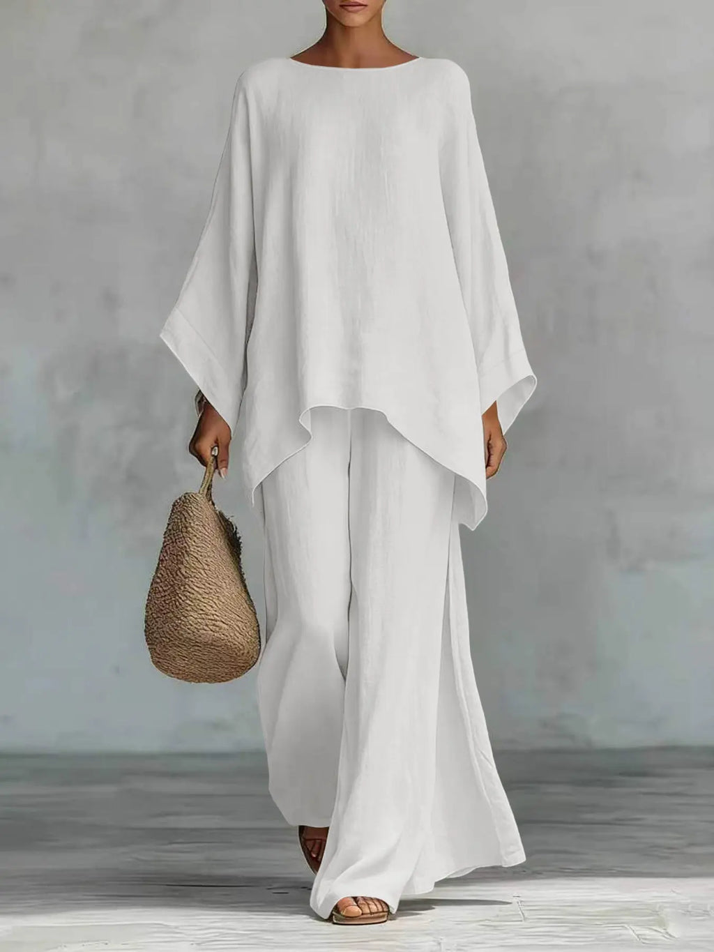 New Women's Simple Solid Loose-Fit Long Sleeve Blouse and Wide-Leg Pants Set, Baggy, Comfortable Casual Outfit, Perfect for Daily Wear, Stylish, Trendy and Elegance Two-Piece Set