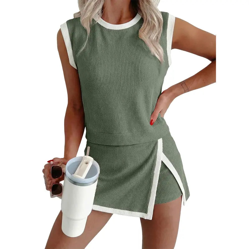 EVALESS Women's 2-Piece Sets Casual Crewneck Ribbed Sleeveless Knit Top & Split Lined Skirt Two Pieces Soft Matching Set Basic Summer Outfits 2026 WOmenswear SummerVibes  Deals For You Days summer outfits High Waisted Style Clothes Elastic Athletic Suits