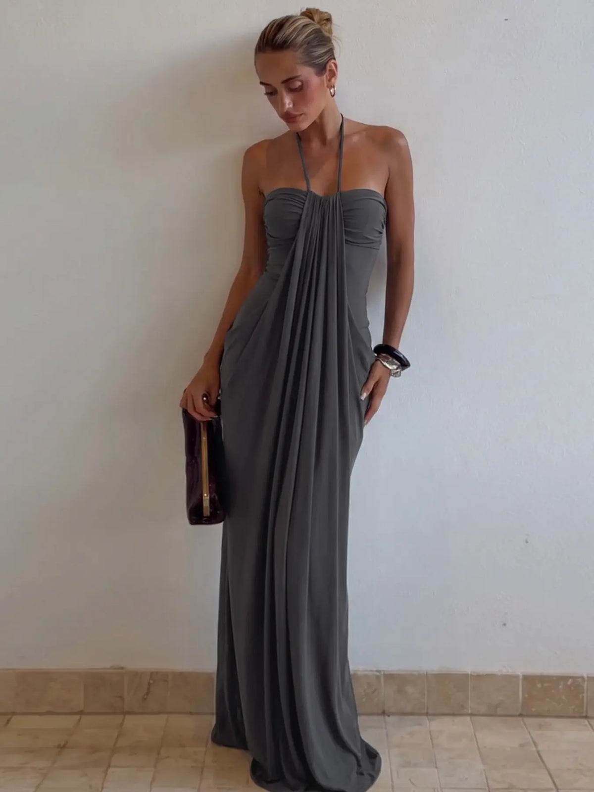 Women's Solid Color Ruched Bodycon Halter Dress, Sexy Sleeveless Strapless Backless Plicated Slim Fit Tube Dress, Party Club Date Evening Gown Formal Dress, Elegant Casual Daily Maxi Long Dresses For Ladies All Seasons Summer Fashion Clothes Wear