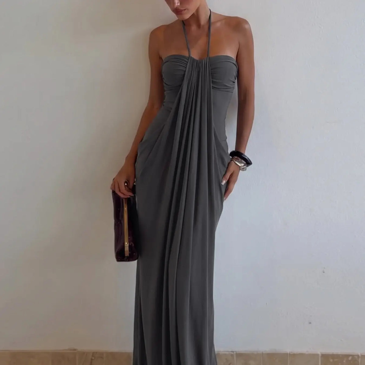 Women's Solid Color Ruched Bodycon Halter Dress, Sexy Sleeveless Strapless Backless Plicated Slim Fit Tube Dress, Party Club Date Evening Gown Formal Dress, Elegant Casual Daily Maxi Long Dresses For Ladies All Seasons Summer Fashion Clothes Wear