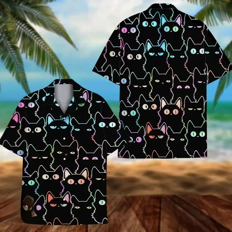 Men's Unisex Holographic Neon Outline Black Cat Print Hawaiian Shirt - Black Base, Short Sleeve Camp Collar, Soft Fabric, Relaxed Cut, Button Closure, Crew Neck, Flat Aloha Top for Pet Lovers' Summer Beach Holidays