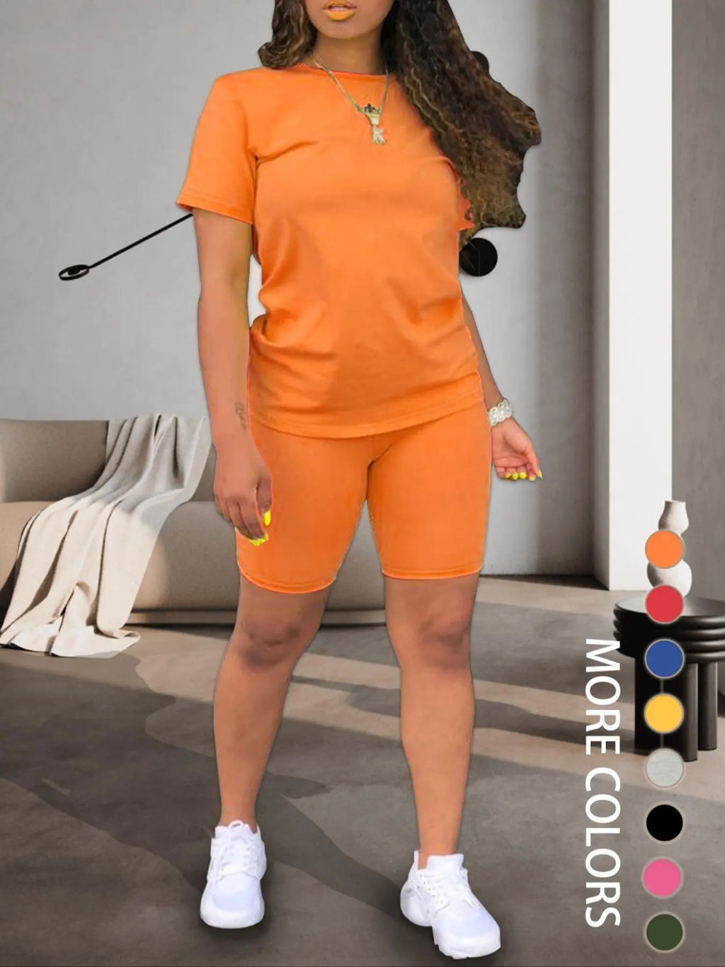 Two-piece Women's Fitted Plain Basic Round Neck Tee & Skinny Shorts Set, Minimalist, Casual Summer Clothes for Women, Short Sleeve Crew Neck T-shirt & Shorts, Summer Outfit for Outdoor, Matching Clothing Set, Casual Beach Set, Fashion Clothes Set