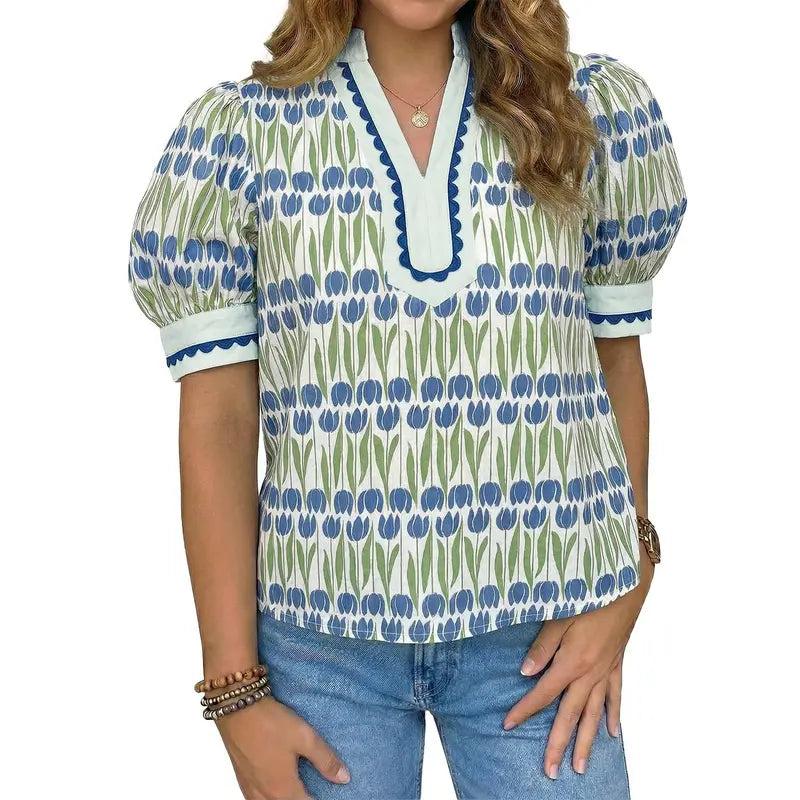 TANKANEO Women's Elegant Chic V-Neck Puff Sleeve Polyester Blouse - Dressy Tops for Coffee, Party, Summer, Loose Fit with Floral or Leopard Prints, Blouses for Women