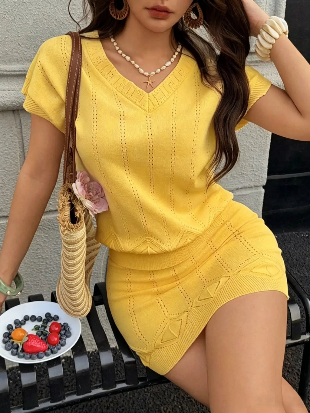 Two-Piece Women's Summer Clothes Set, V-Neck Hollow Out Cutout Top, Short A-Line Skirt, Slim Fit, Casual Elegant Chic Style, Knitwear for Vacation, Skirt And Top Set