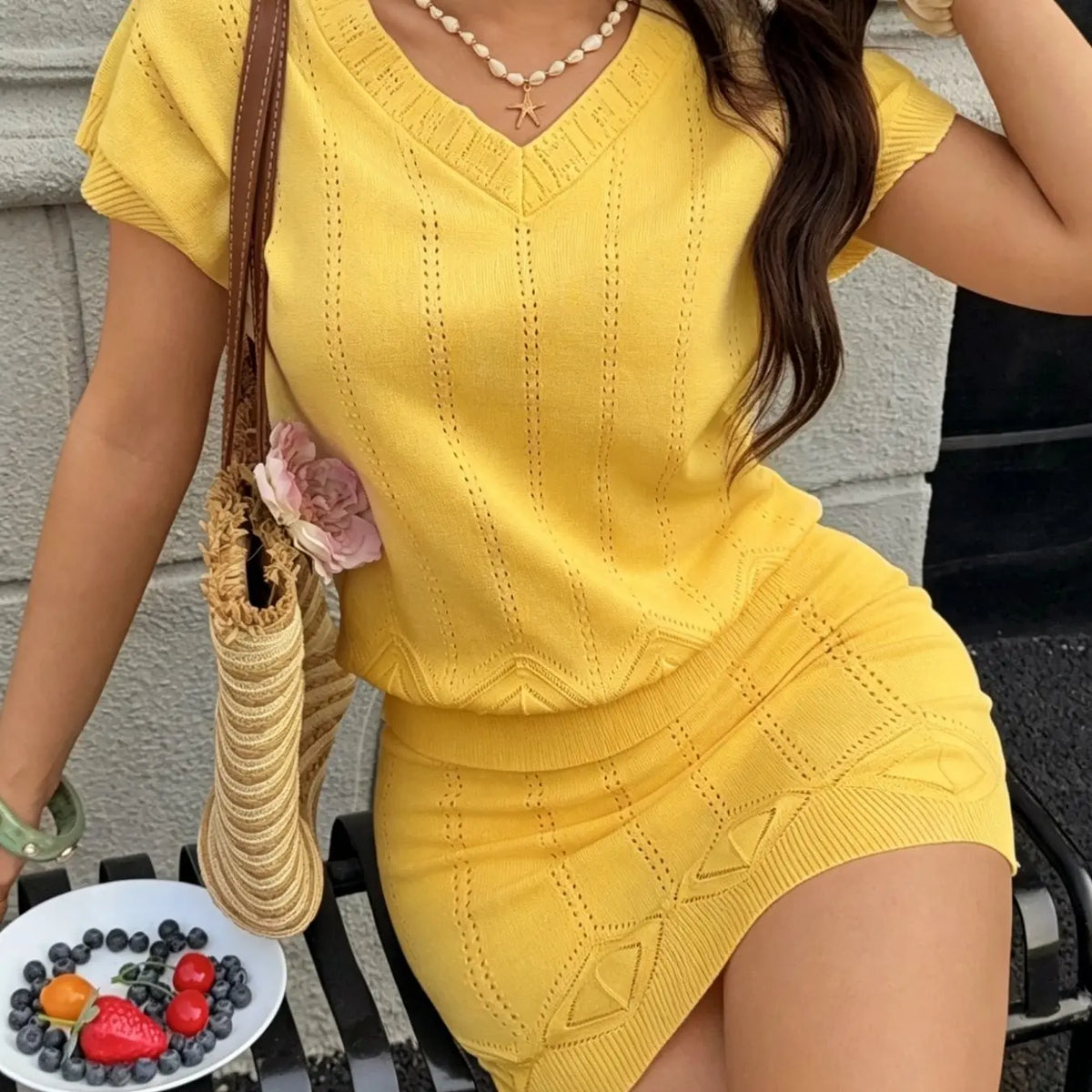 Two-Piece Women's Summer Clothes Set, V-Neck Hollow Out Cutout Top, Short A-Line Skirt, Slim Fit, Casual Elegant Chic Style, Knitwear for Vacation, Skirt And Top Set