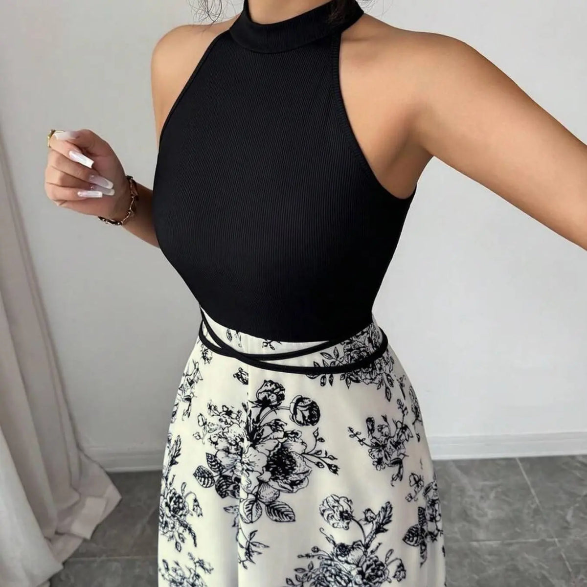 Concert Outfit Dress Women's Casual Feminine Elegant Chic Party Tank Top, Floral Print Patchwork Waist Dress, Medium-Length Sleeveless Summer, Casual Elegant Dresses, Womenswear