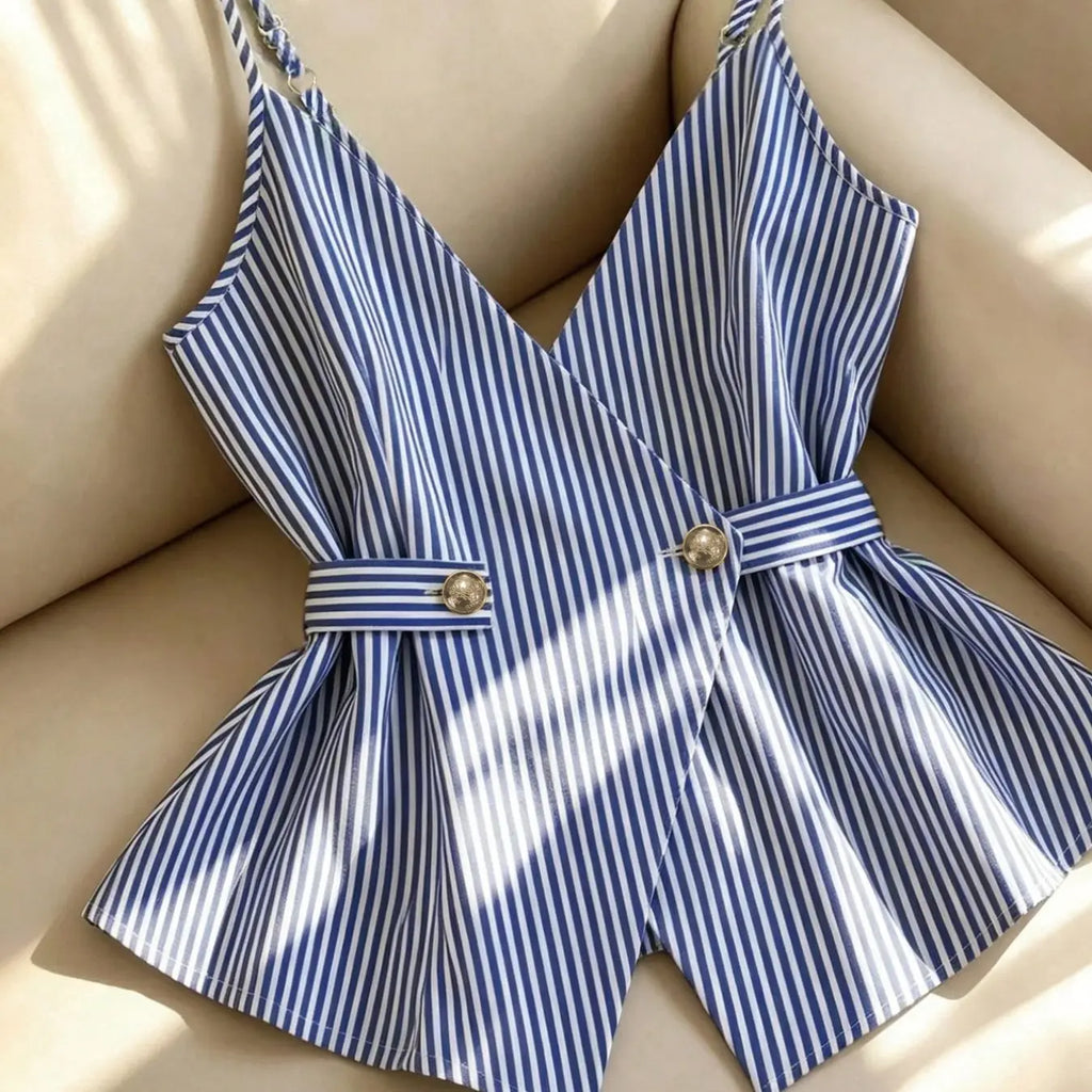 Women's Spaghetti Strap V Neck Tie Waist Top & High Waist Wide-Leg Shorts 2 Piece Set, Blue & White Striped Print Matching Outfit, Casual Co-ord Set for Beach, Vacation, Date Night & Daily Wear, Trendy Aesthetic Summer Wear Lightweight Ladies Clothes
