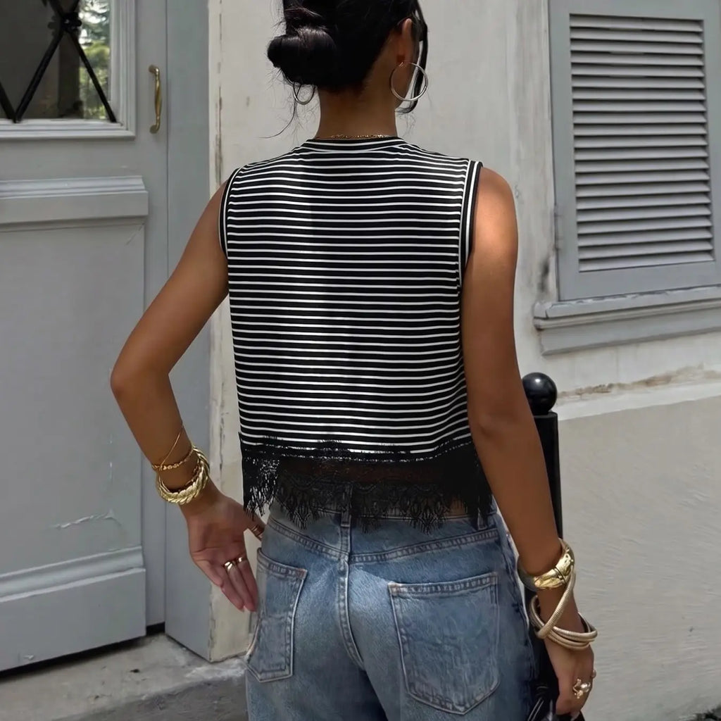 American-Style Striped Lace Sleeveless Top, Classic Retro Design, Casual Everyday Wear, Womenswear