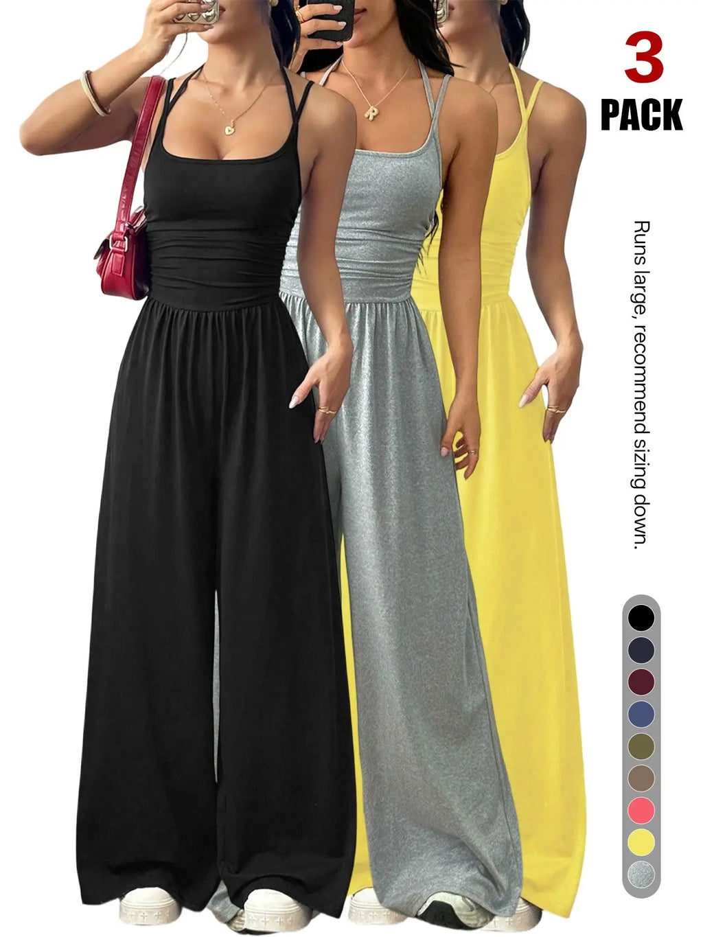 Women's Backless Jumpsuit, Basic Spaghetti Strap Smocked Bodice One Piece Romper, Sleeveless Wide Leg Casual Outfit, No Pockets, All Seasons Vacation Wear
