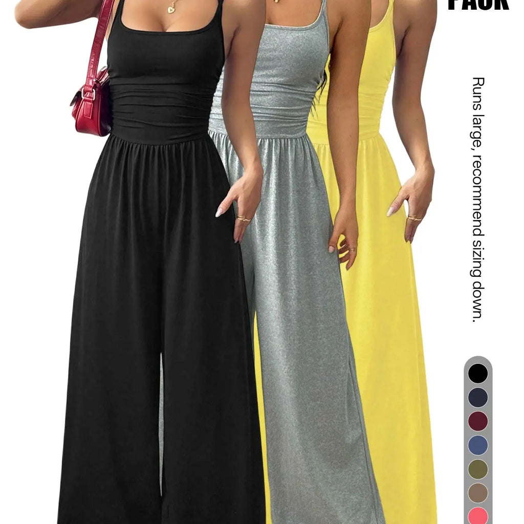 Women's Backless Jumpsuit, Basic Spaghetti Strap Smocked Bodice One Piece Romper, Sleeveless Wide Leg Casual Outfit, No Pockets, All Seasons Vacation Wear