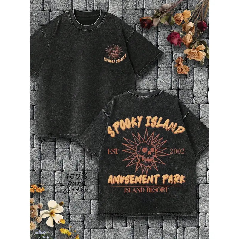 Men's Casual Round Neck Short-Sleeve T-Shirt - 100% Cotton, 2002 Ghost Island Weird Amusement Park Skull SPOOKY Island Retro Dark Fun Style, High-Quality Printing, Menswear