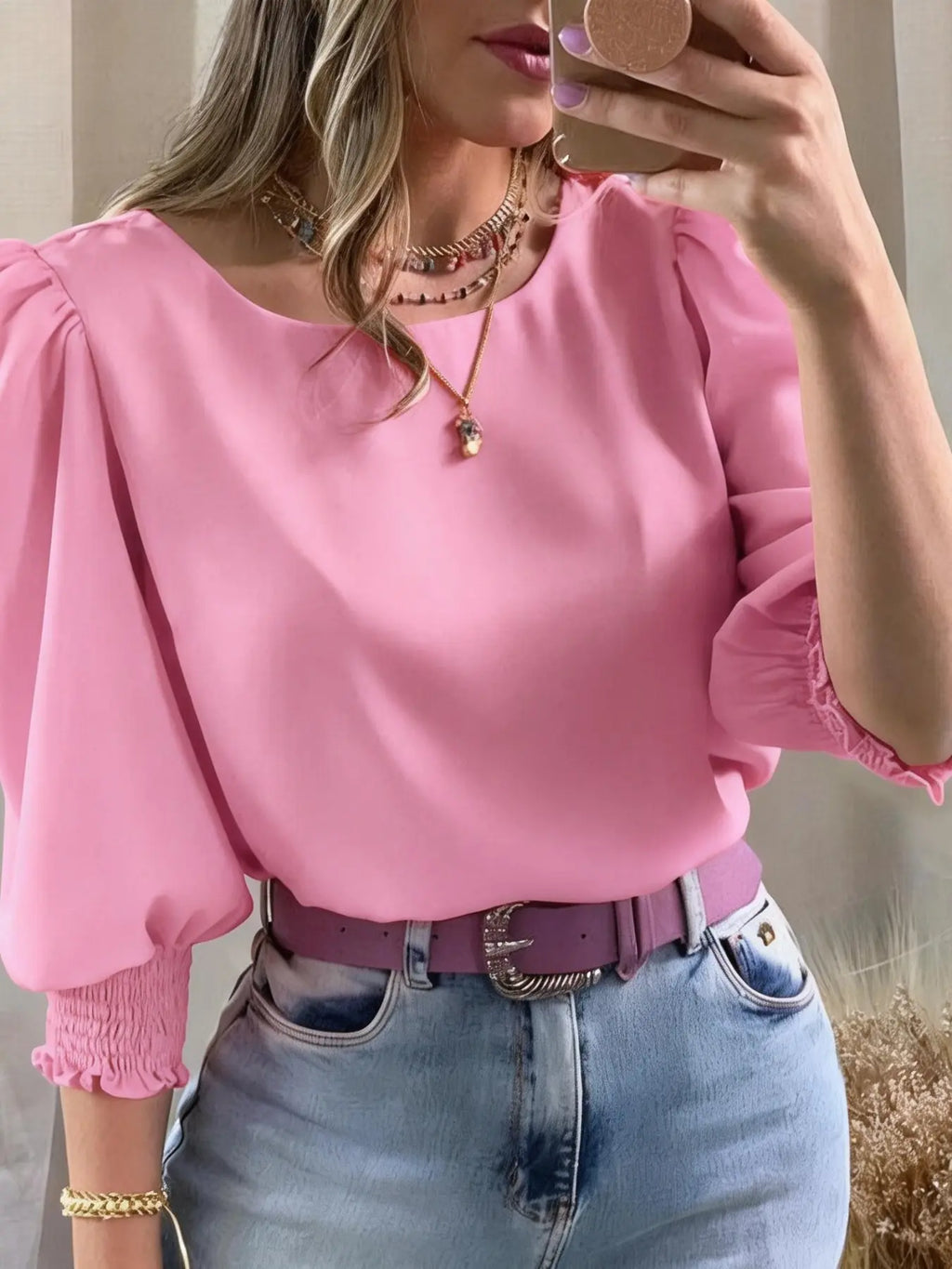 Women's Elegant Casual Chic Shirt with Gathered Cuffs, Boho Loose Blouse, Fashionable Blouse for Daily Wear, Stylish Ladies' Top for Comfort and Style