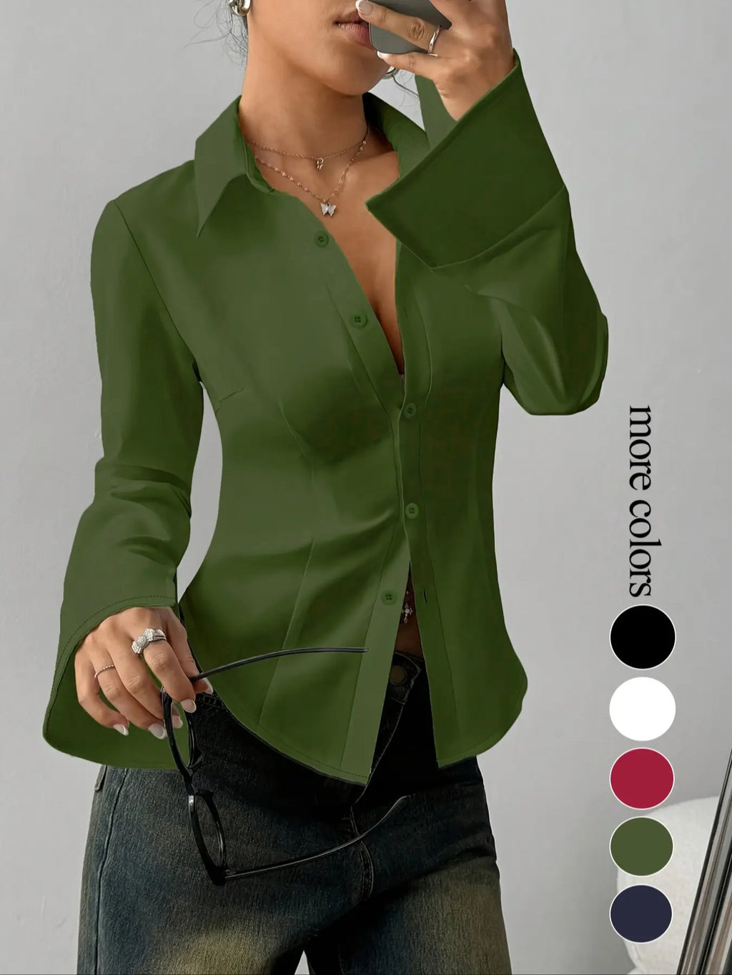 Women's Slim-Fit Button-Down Long-Sleeved Casual Shirt Blouse Top, Basic, Suitable for Daily Commuting, Button Down Blouses