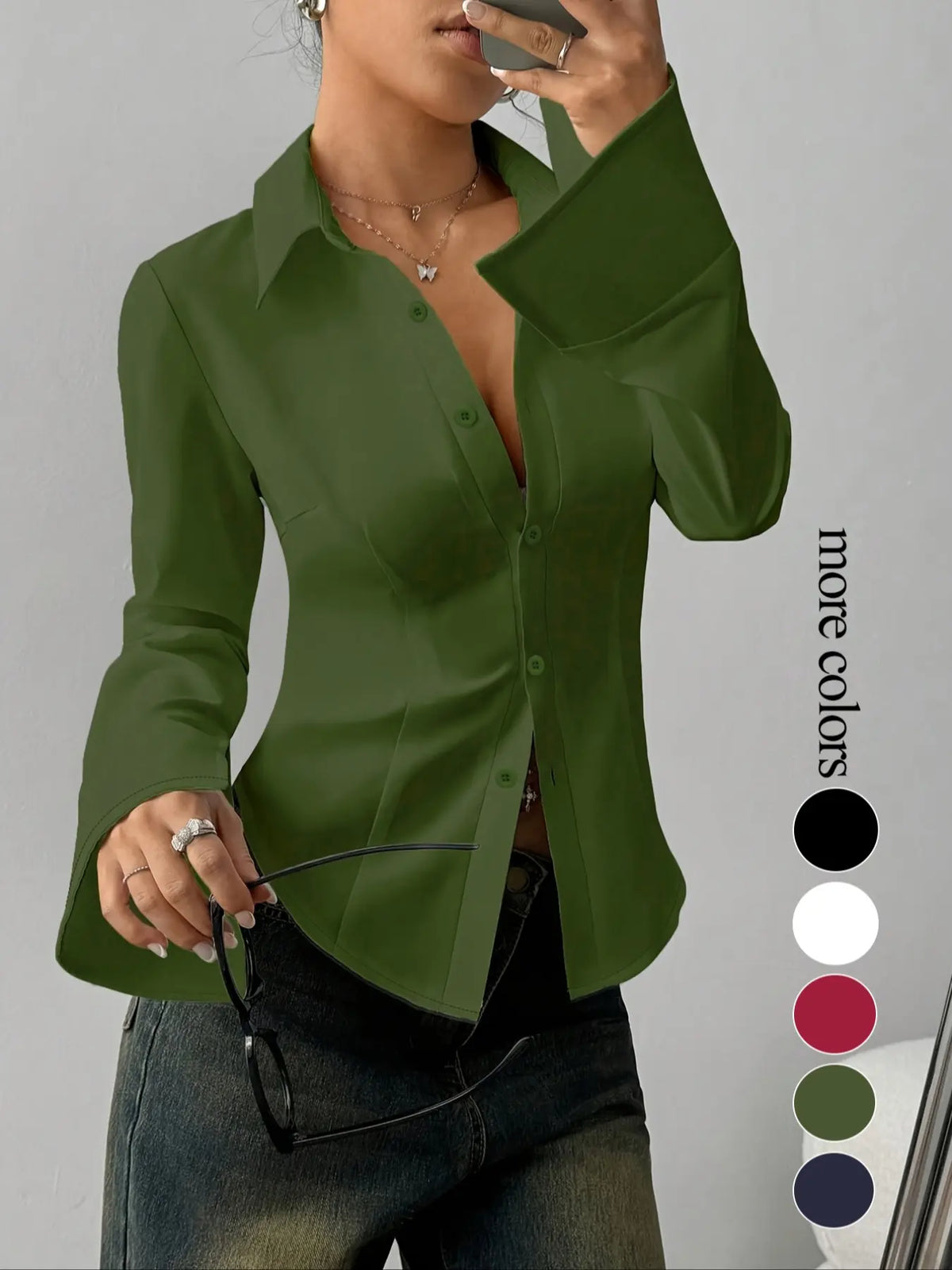 Women's Slim-Fit Button-Down Long-Sleeved Casual Shirt Blouse Top, Basic, Suitable for Daily Commuting, Button Down Blouses