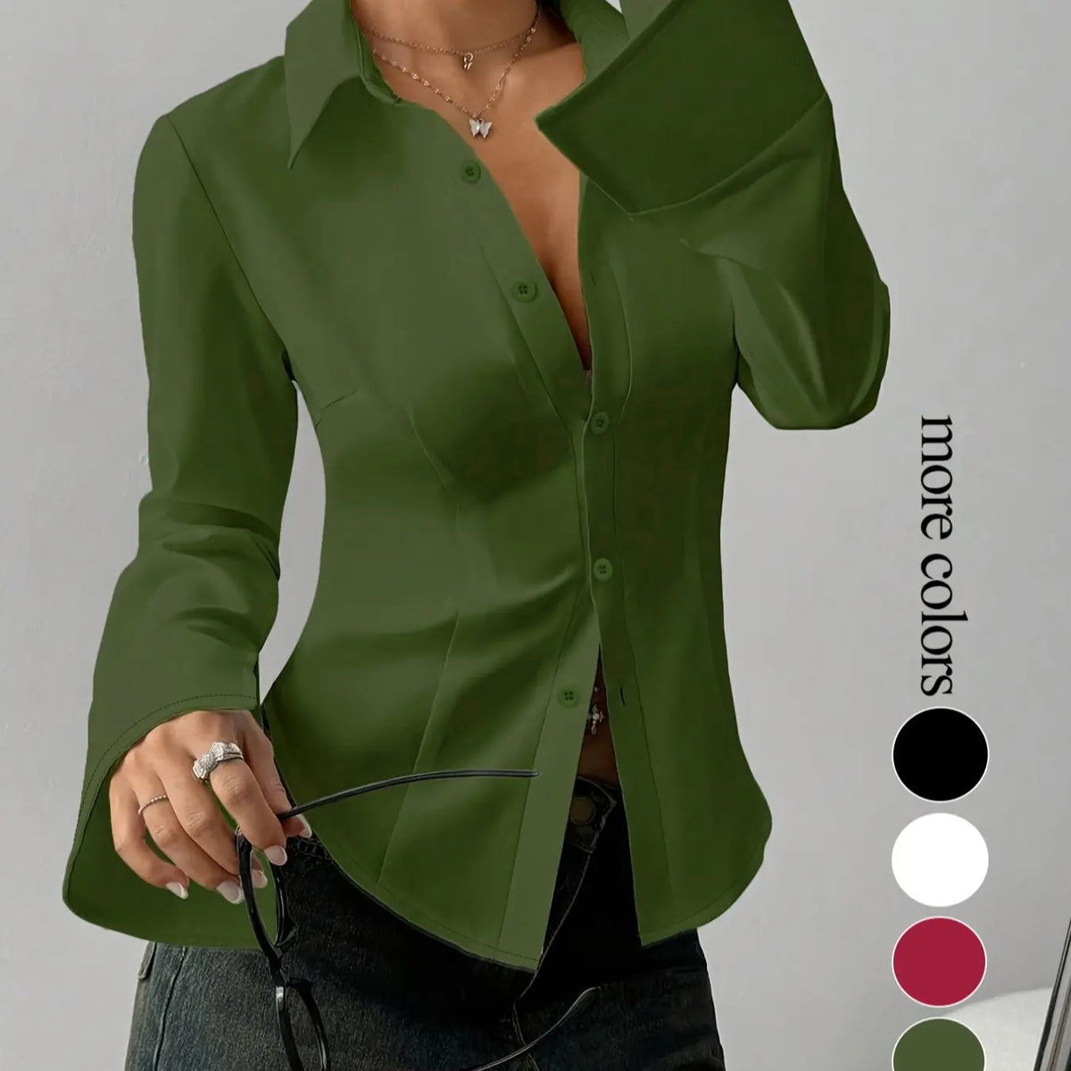 Women's Slim-Fit Button-Down Long-Sleeved Casual Shirt Blouse Top, Basic, Suitable for Daily Commuting, Button Down Blouses