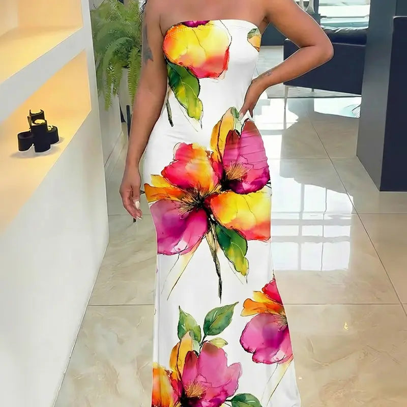 CHICME Women's Lady's Tube Style Vibrant Floral Print Woven Strapless Lightweight Skinny Bodycon Mermaid Maxi Dress - Comfortable, Shawl-Included, Casual Wear for Evening Resort Use