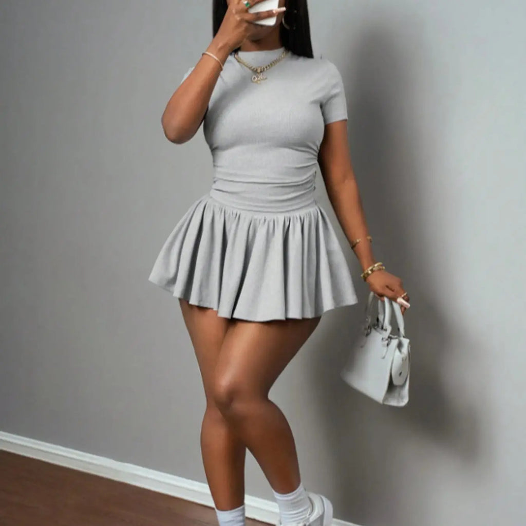 Women's Casual Basic Summer Sports Style Round Neck Short Sleeve T-Shirt + Umbrella Skirt Set Outfit, Two-Piece Knit Fabric, All Seasons Clothes #GLOBAL PICKS