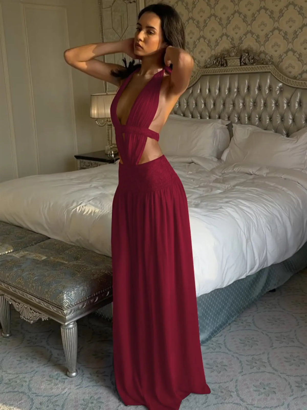 Women's Solid Color Sexy Deep V Neck Backless Halter Dress, Plain Tie-neck Lace-up Sleeveless Cut Out Patchwork Bodycon Ruched Slip Dress, Party Club Date Evening Gown, Formal Wear, Maxi Dresses For Ladies All Seasons