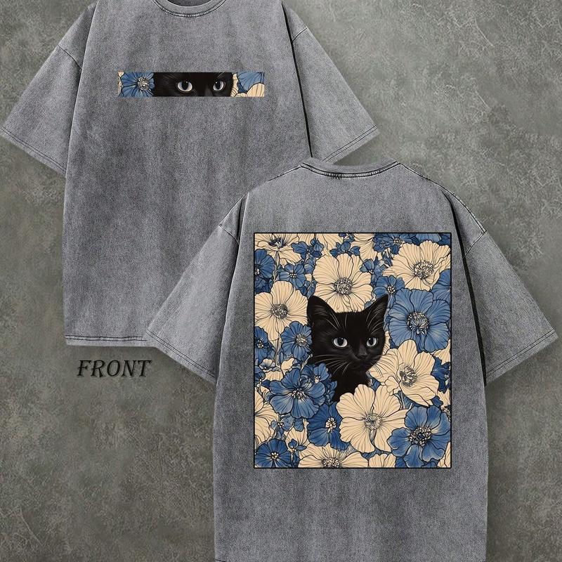 "Cat in the Flowers" Double-Sided Print T-Shirt | Retro Washed 230gsm Cotton, Men's Casual Comfortable Street Style Tee, Vintage Floral Feline Graphic Top Oversized Streetwear Menswear Soft Tshirt