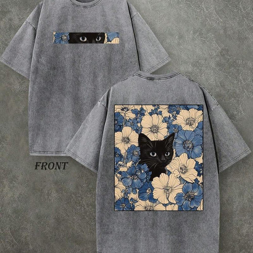 "Cat in the Flowers" Double-Sided Print T-Shirt | Retro Washed 230gsm Cotton, Men's Casual Comfortable Street Style Tee, Vintage Floral Feline Graphic Top Oversized Streetwear Menswear Soft Tshirt