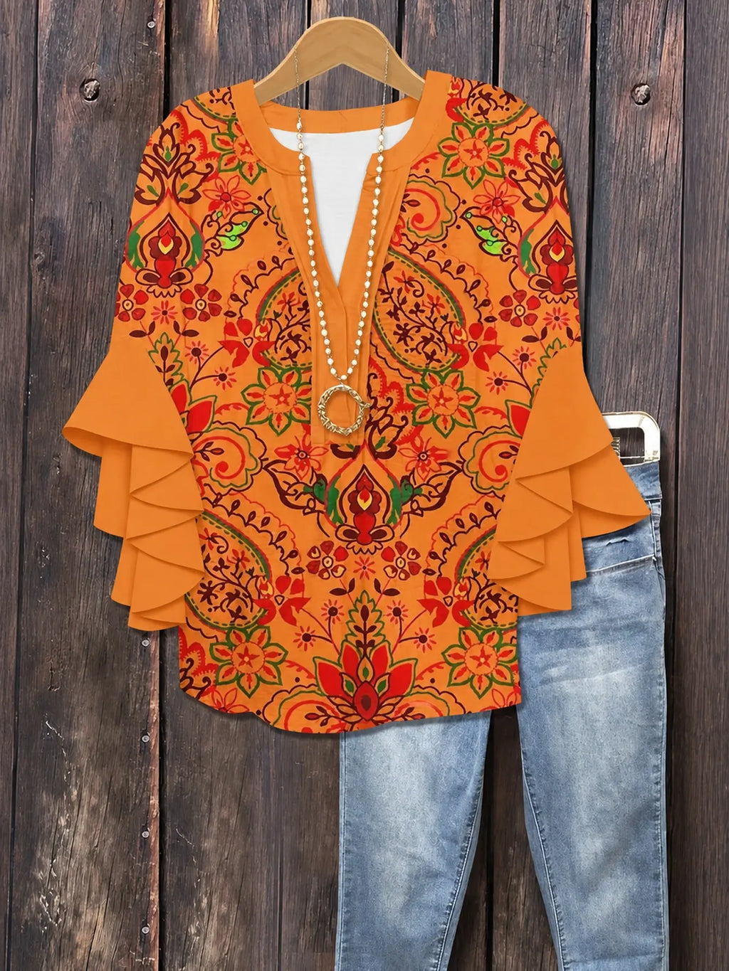 Plus Size Floral Print Flounce Sleeve Ruffles Blouse, Casual Loose-Fit Notched-Neck Top, Summer Wear, Trendy Bohemian Shirts, Comfortable Relaxed-Fit Blouse, Stylish Elegant Top for Parties, Boho Fashion Top