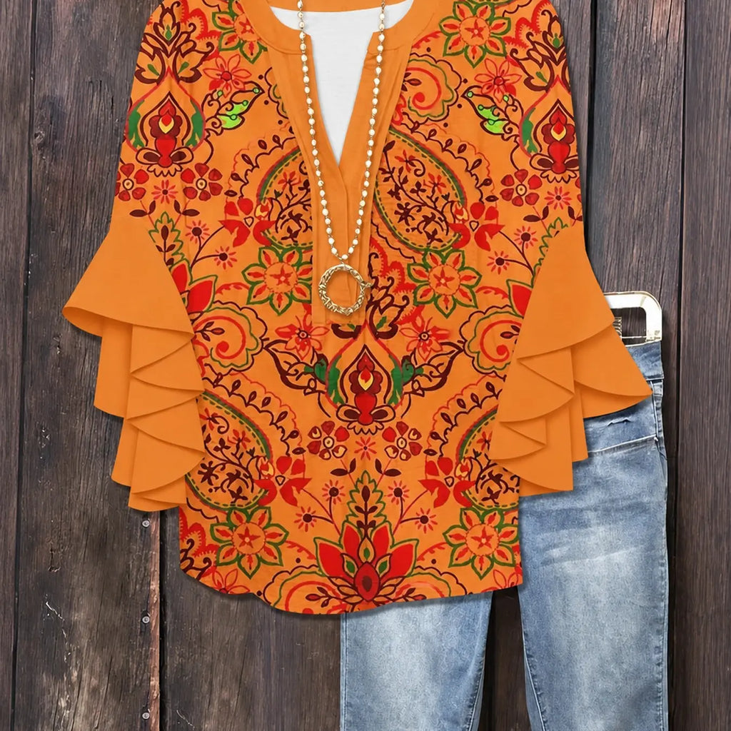 Plus Size Floral Print Flounce Sleeve Ruffles Blouse, Casual Loose-Fit Notched-Neck Top, Summer Wear, Trendy Bohemian Shirts, Comfortable Relaxed-Fit Blouse, Stylish Elegant Top for Parties, Boho Fashion Top