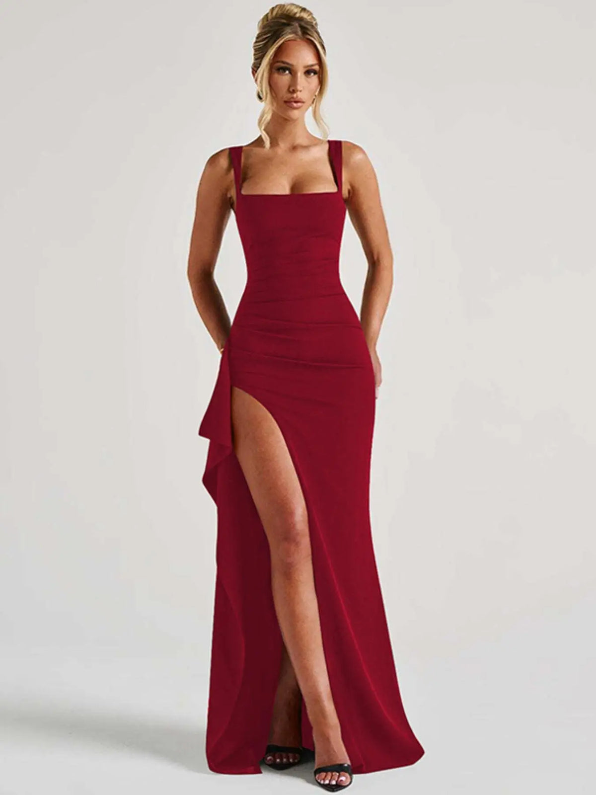 Women's Solid Color Pleated Ruched Side High Slit Sleeveless Knit Fabric Bodycon Fit Dress, Sexy Backless Square Neck Formal Dress, Evening Gown for Parties, Clubs and Dates, Elegant Classy Long Dress for All-Season Daily Wear, Evening Glam Gown