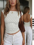 Women White Black Polka Dot Boat Neck Open Back Crop Top, Y2K Vintage Cap Sleeve Backless Slim Fit Tee, Summer French Style Stretch Casual Cropped Blouse Daily Wear Tops #polkadottop #vintageoutfit #tiktokmademebuyit #openbackcroptop