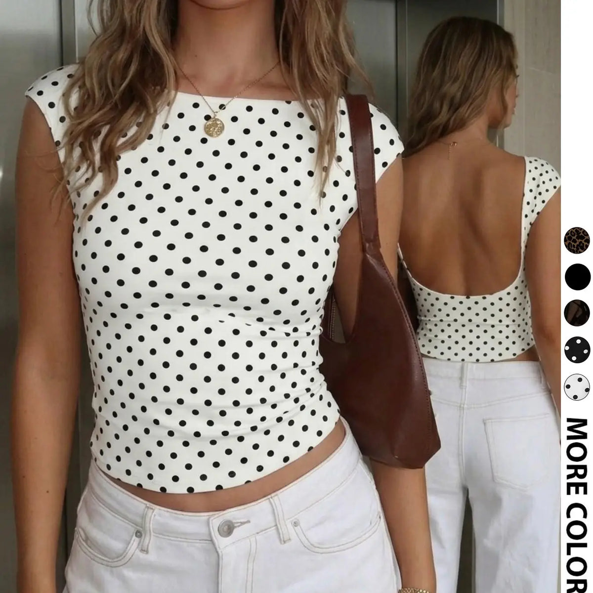 Women White Black Polka Dot Boat Neck Open Back Crop Top, Y2K Vintage Cap Sleeve Backless Slim Fit Tee, Summer French Style Stretch Casual Cropped Blouse Daily Wear Tops #polkadottop #vintageoutfit #tiktokmademebuyit #openbackcroptop