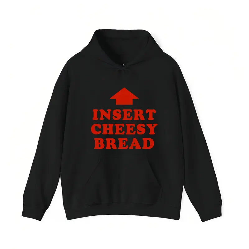 Men's Casual Classic Cotton T-Shirt, Menswear Clothes with Red "INSERT CHEESY BREAD" Lettering and Red Arrow Design