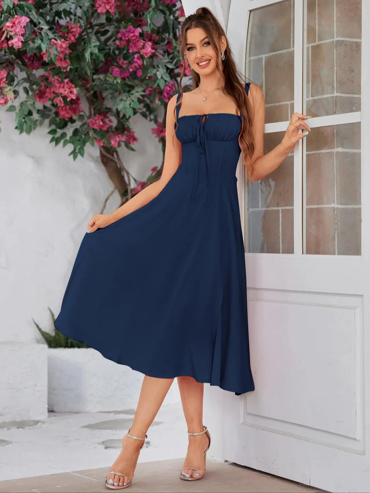 Parthea Women's Plain Ruched Boning Corset Milkmaid Dress, Lace Up Dress, Party Dress, Fit, Tie Front Dress, Aesthetic Square Neck Midi Dress, Dresses for Women, Frenchy Style Non Bodycon Dress Christmas, Formal Dresses, Adjustable Straps, Formal Wear