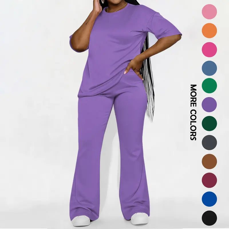 Women's Solid Drop Shoulder 2-Piece Set - Half Sleeve Crewneck (Round Neck) Fitted Minimalist Tee & Pants, Casual Cozy Womenswear for Daily Outdoor Fall Wear, Casual Women's Set Suits Basic Shortsleeve Clothes, Matching Sets, Stylish Women's Wear