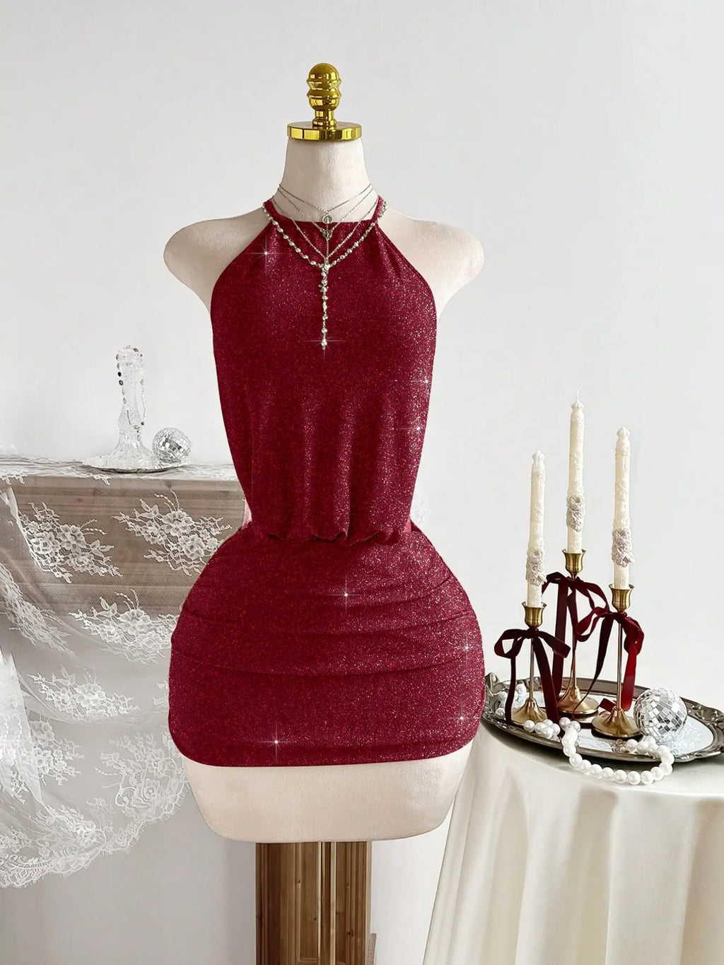 Slimming Curve-Enhancing Ultra-Short Cocktail Party Dress, Halter Neck Backless Pleated Dress, Stretchy Comfortable Fabric, Fit, Perfect for Parties, Vacations, Dates