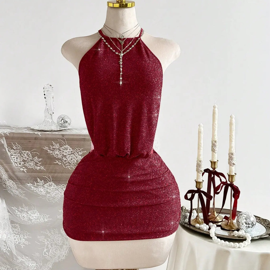 Slimming Curve-Enhancing Ultra-Short Cocktail Party Dress, Halter Neck Backless Pleated Dress, Stretchy Comfortable Fabric, Fit, Perfect for Parties, Vacations, Dates