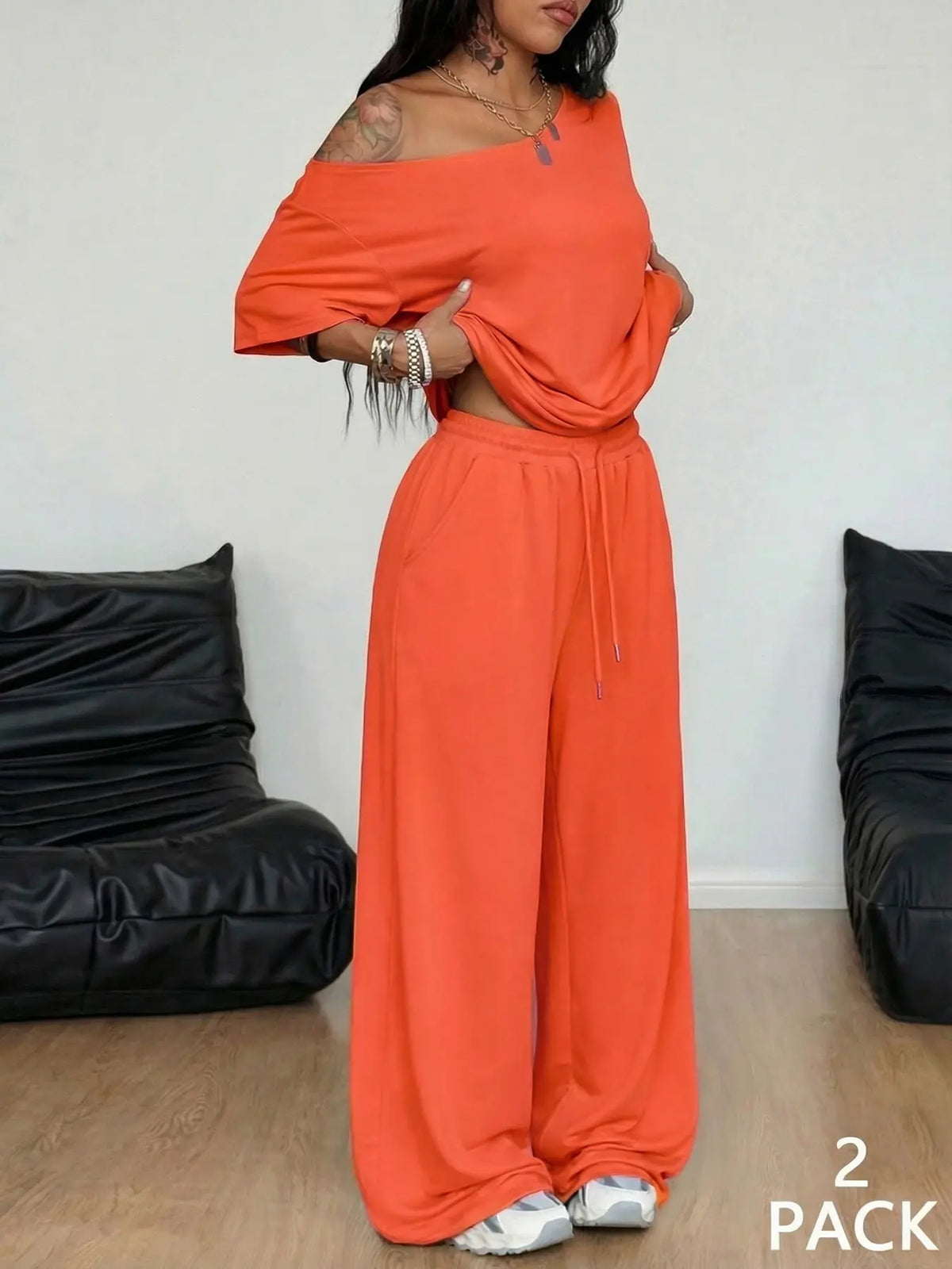 2pcs/Set Women's Minimalist Basic Daily Wear Going Out Sport Comfortable Off Shoulder T-Shirt And Wide Leg Pants Two Pieces Outfits Clothes