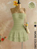 Women's Textured Smocked Halter Mini Dress, Ruched Bust, Multi-Layer Ruffled Tiered Hem, Stretchy Knit, Adjustable Tie Straps, Date Night & Vacation Wear, Sleeveless Ruffle Dress