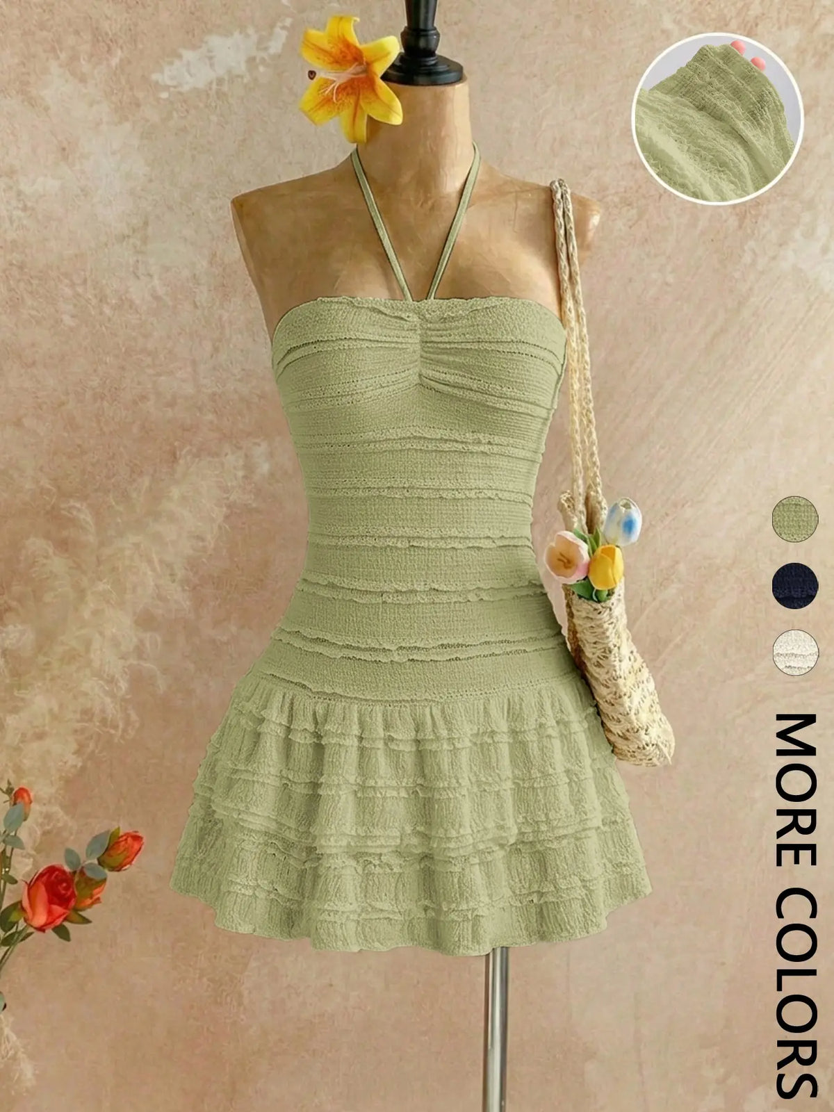 Women's Textured Smocked Halter Mini Dress, Ruched Bust, Multi-Layer Ruffled Tiered Hem, Stretchy Knit, Adjustable Tie Straps, Date Night & Vacation Wear, Sleeveless Ruffle Dress