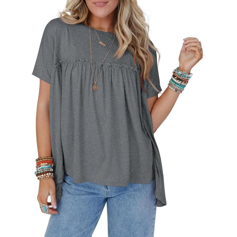 Imily Bela Womens Summer Babydoll Tunic Tops Pleated Short Sleeve Crew Neck Peplum T Shirts Casual Loose Fit Outfits Womenswear Blouse church outfit Breathable Chic