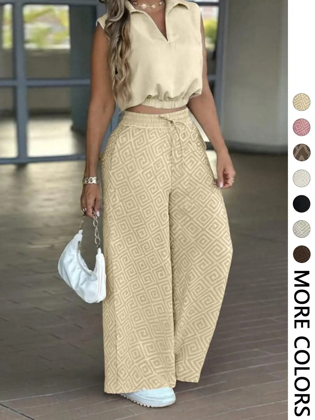 2-Piece Women's Casual Commuter Clothes Set, Two Pieces Outfits, Sleeveless Collared Waist-Defined Top with High-Waisted Adjustable Drawstring Wide-Leg Pants