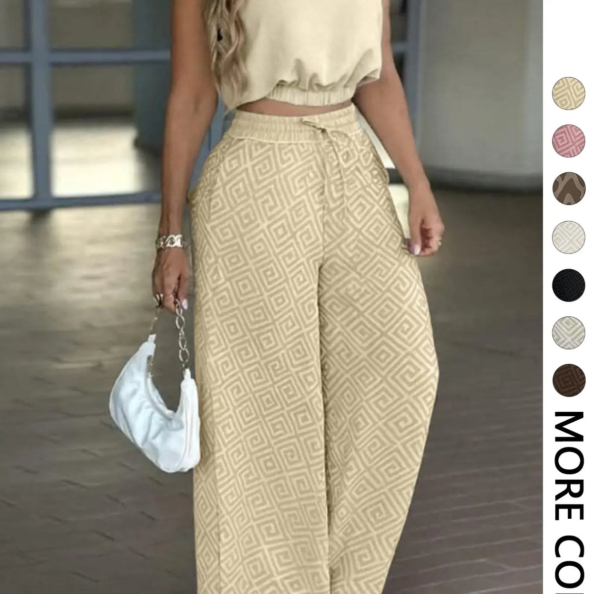 2-Piece Women's Casual Commuter Clothes Set, Two Pieces Outfits, Sleeveless Collared Waist-Defined Top with High-Waisted Adjustable Drawstring Wide-Leg Pants