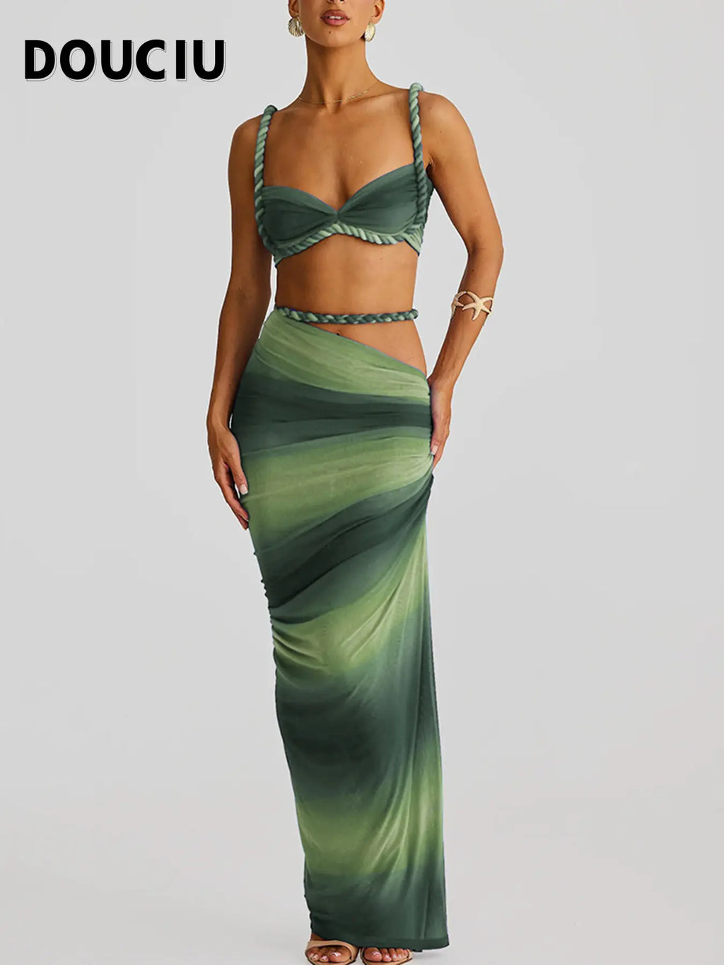 DOUCIU Multicolor Summer Beach Vacation Cool Light Sexy Hot Thin Women's Top Twisted Spaghetti Strap Vest Skirt Two-Piece Set