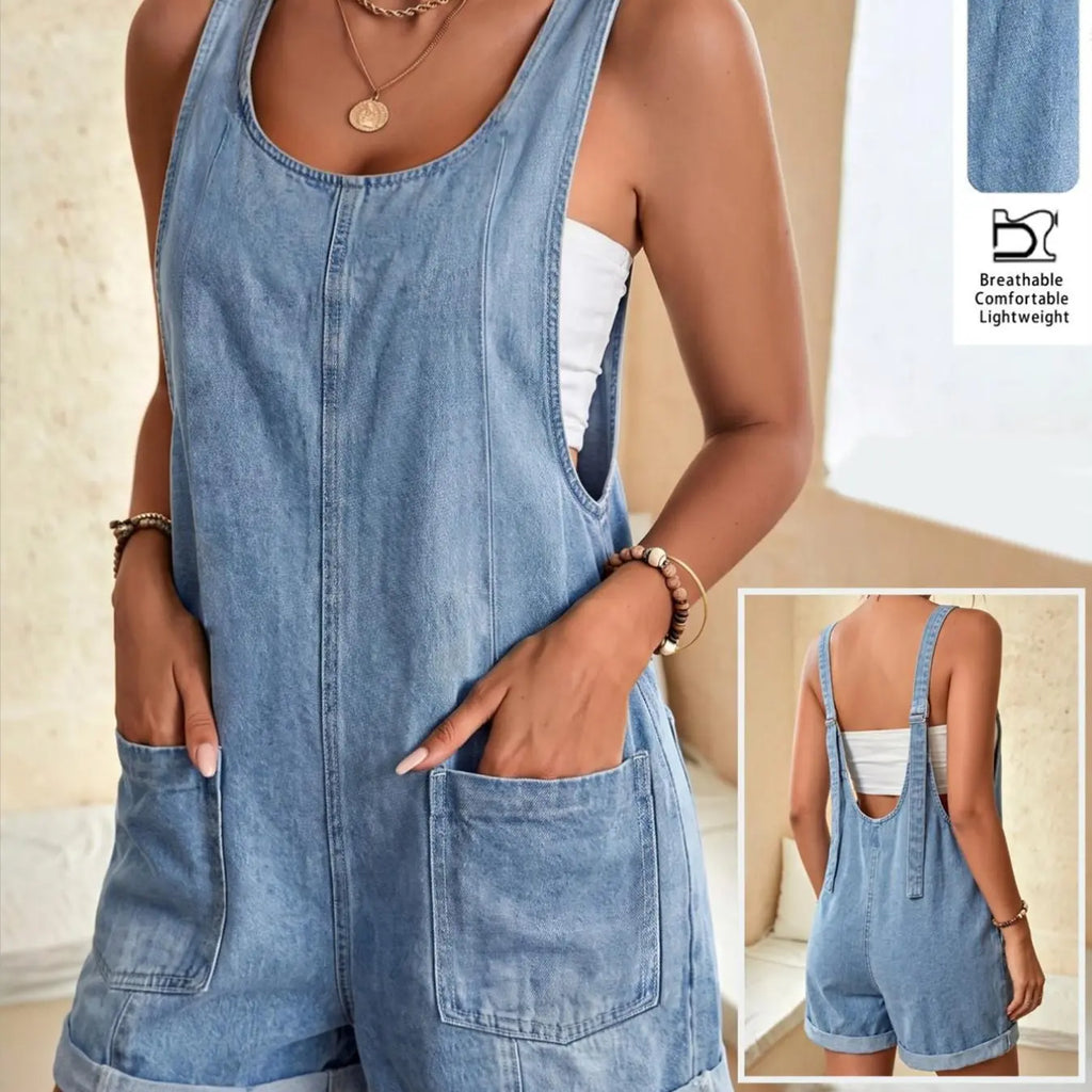 Washed Denim Light Wash Loose Fit High Waist Adjustable Straps Romper Jean Jumpsuit, Casual Everyday Wear Loose Overalls Jumpsuits