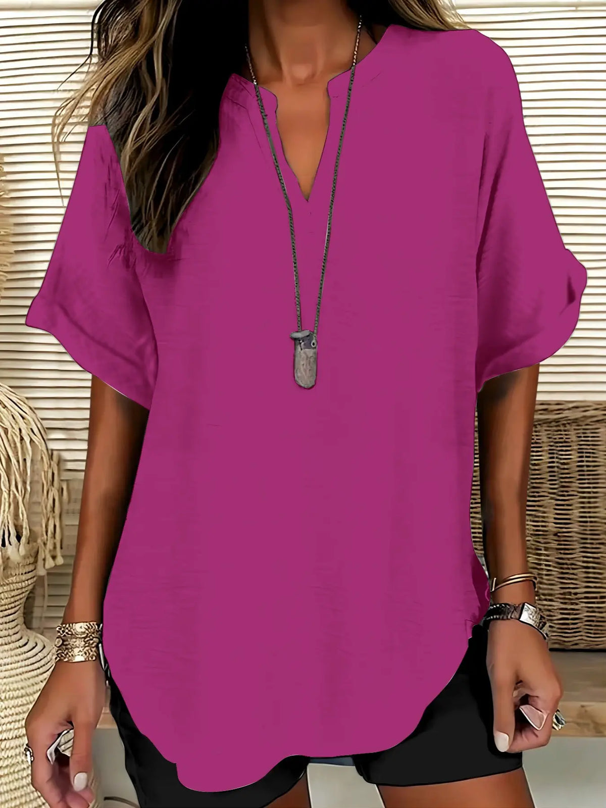 Women's Simple Basic Vintage Elegance Solid V-Neck Short Sleeve Batwing Shirt Blouses, Casual Loose-Fitting Lightweight Pullover, 100% Polyester, All Seasons Fashion Top Minimalist, Casual Daily Tops
