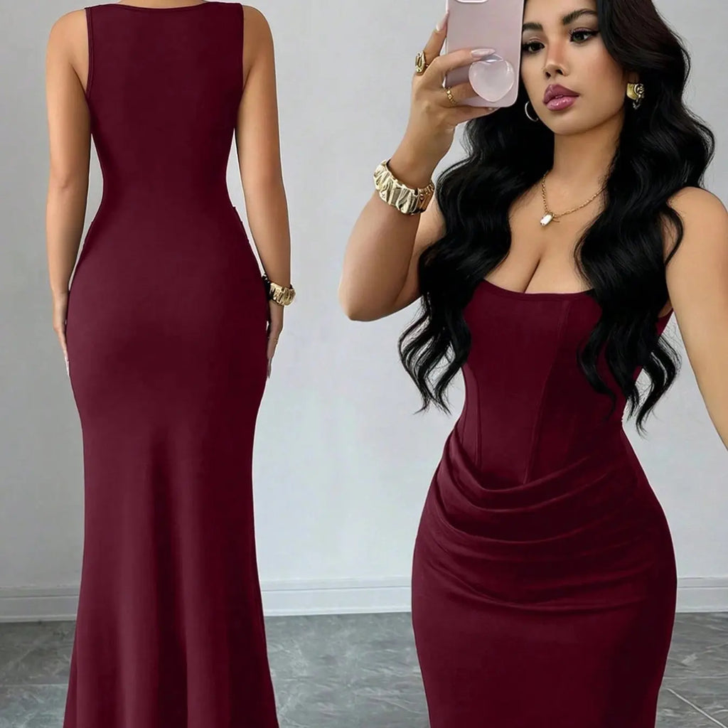 Women's Summer Fashion Strapless Dress, Elegant Sleeveless Fitted Long Dress, Slim Fitting Gown, Slimming Party Gown, Perfect for Daily Wear